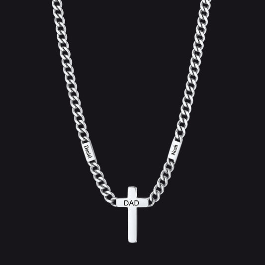 Steel / 2 Bars / 5mm Engraved Name Cuban Chain Necklace with Cross for Men 5/7MMimg