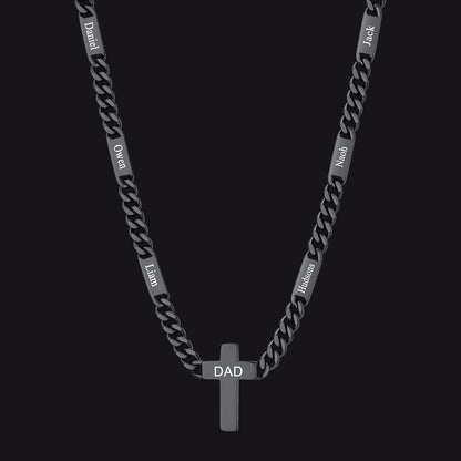 Black / 6 Bars / 7mm Engraved Name Cuban Chain Necklace with Cross for Men 5/7MM
