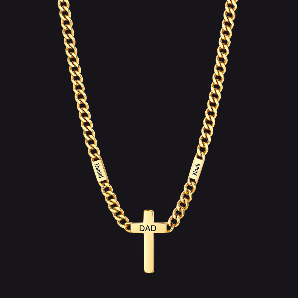 14k Gold / 2 Bars / 5mm Engraved Name Cuban Chain Necklace with Cross for Men 5/7MM
