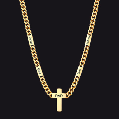 14k Gold / 4 Bars / 7mm Engraved Name Cuban Chain Necklace with Cross for Men 5/7MM