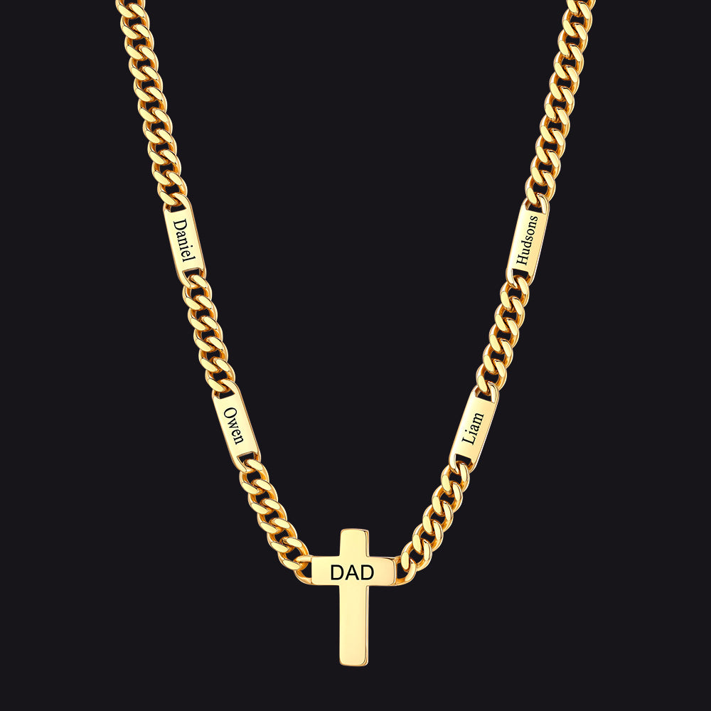 14k Gold / 2 Bars / 7mm Engraved Name Cuban Chain Necklace with Cross for Men 5/7MM