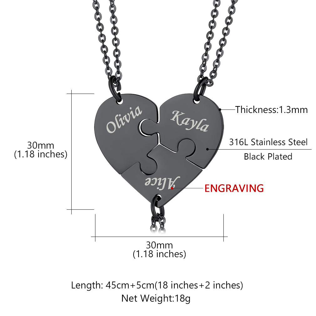 Personalized Puzzle Heart Necklace with names, stainless steel