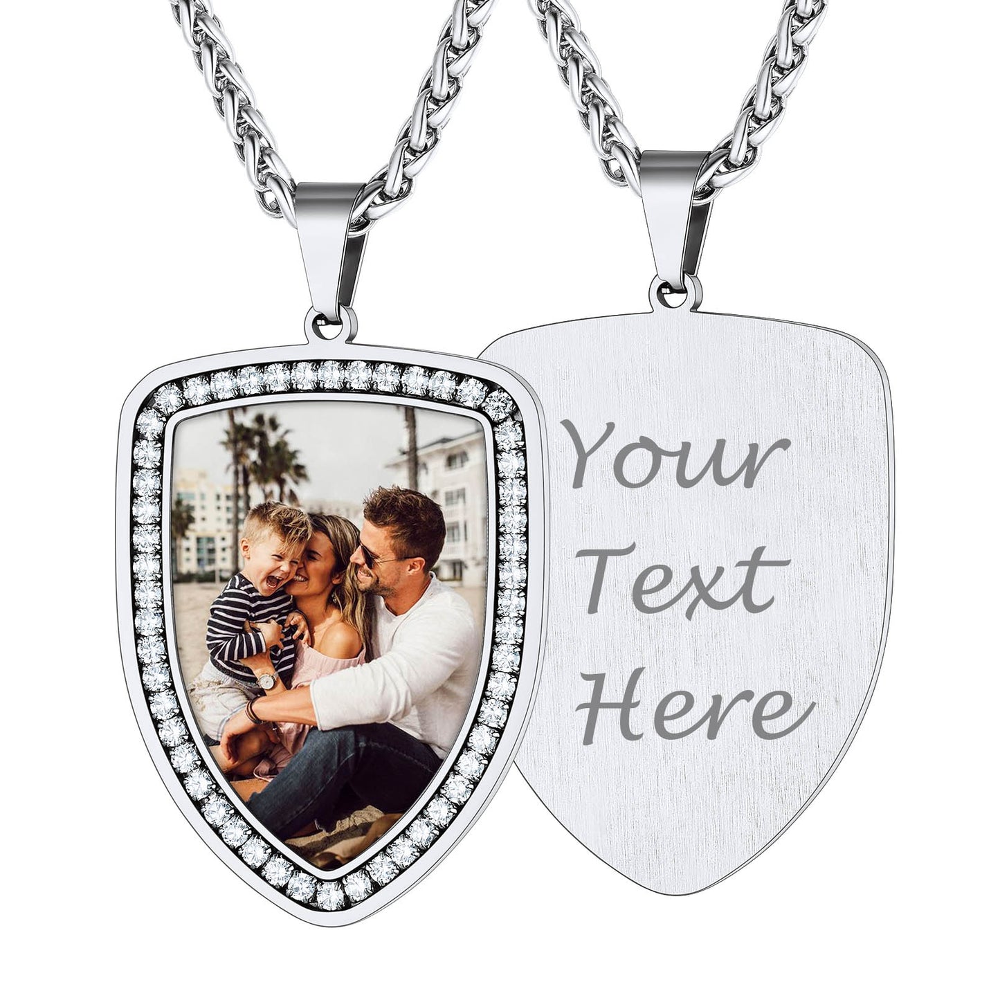 Personalized Shield Picture Necklace Pendant with CZ for Men