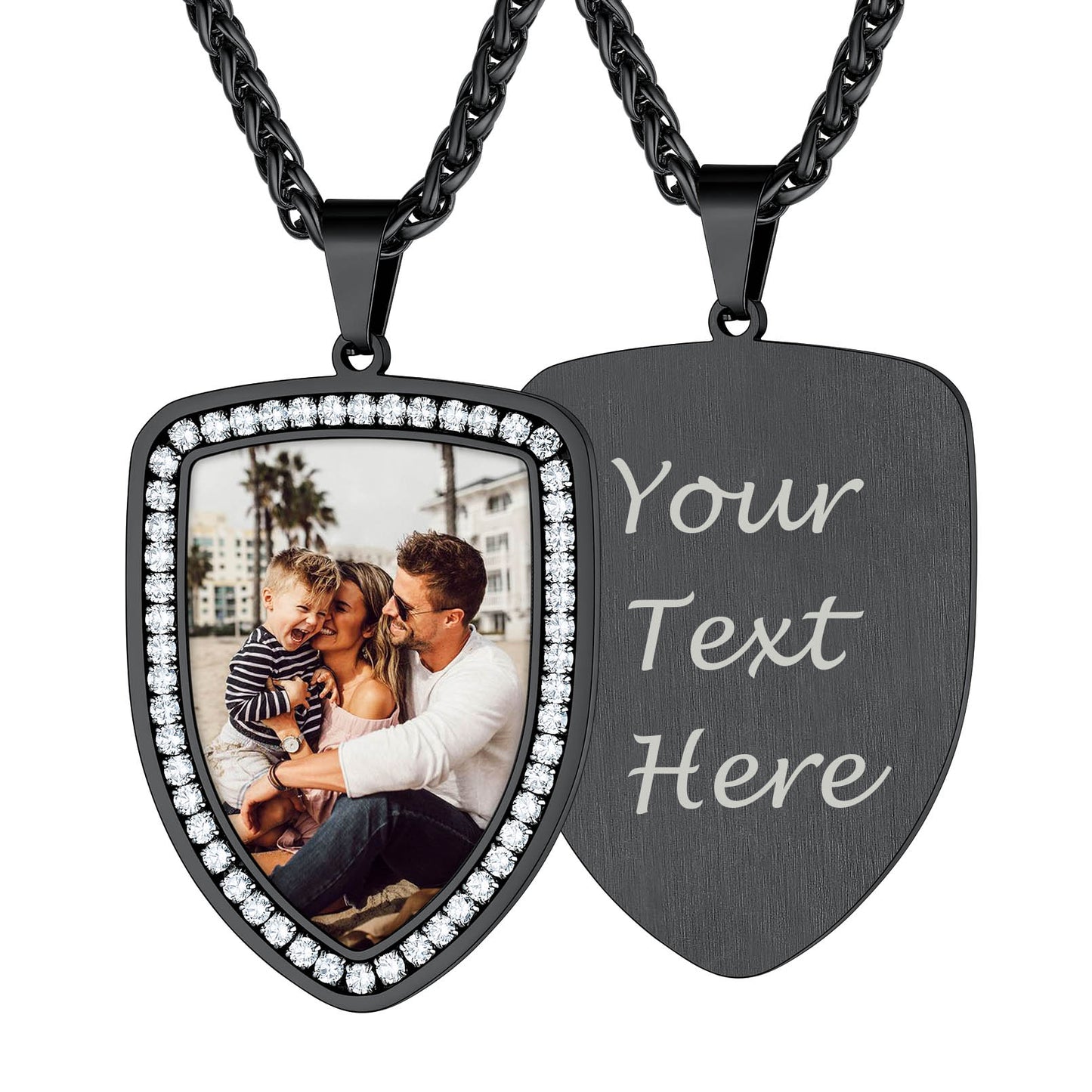 Personalized Shield Picture Necklace Pendant with CZ for Men