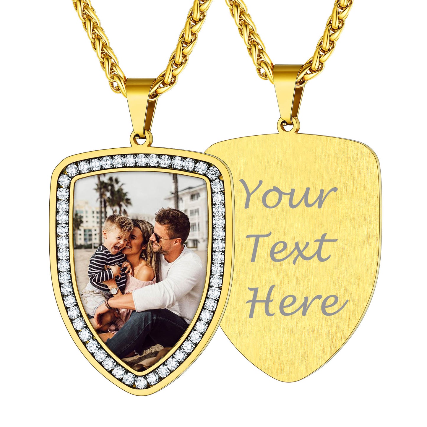 Personalized Shield Picture Necklace Pendant with CZ for Men