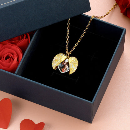 Personalised Photo Angel Wings Locket Necklace with Cubic Zirconia for Women