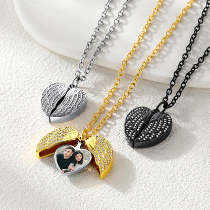 Three heart-shaped photo pendants on chains with different color options on a light background