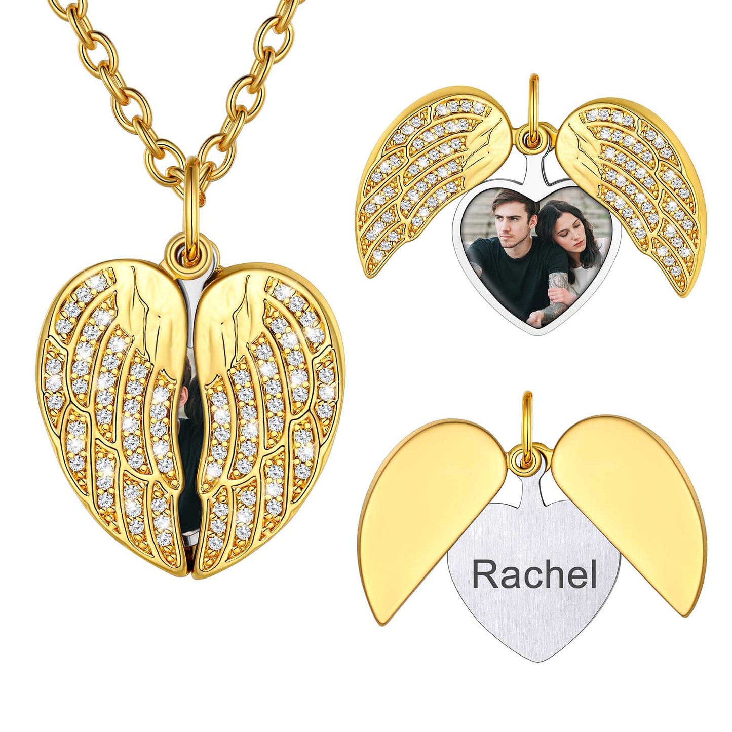 Gold angel wing necklace with heart pendant featuring a photo and engraved name 'Rachel'.