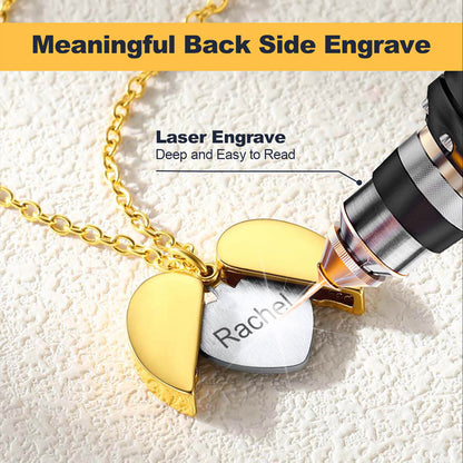 Gold heart-shaped pendant with laser engraving tool and text 'Rachel' on a textured surface.