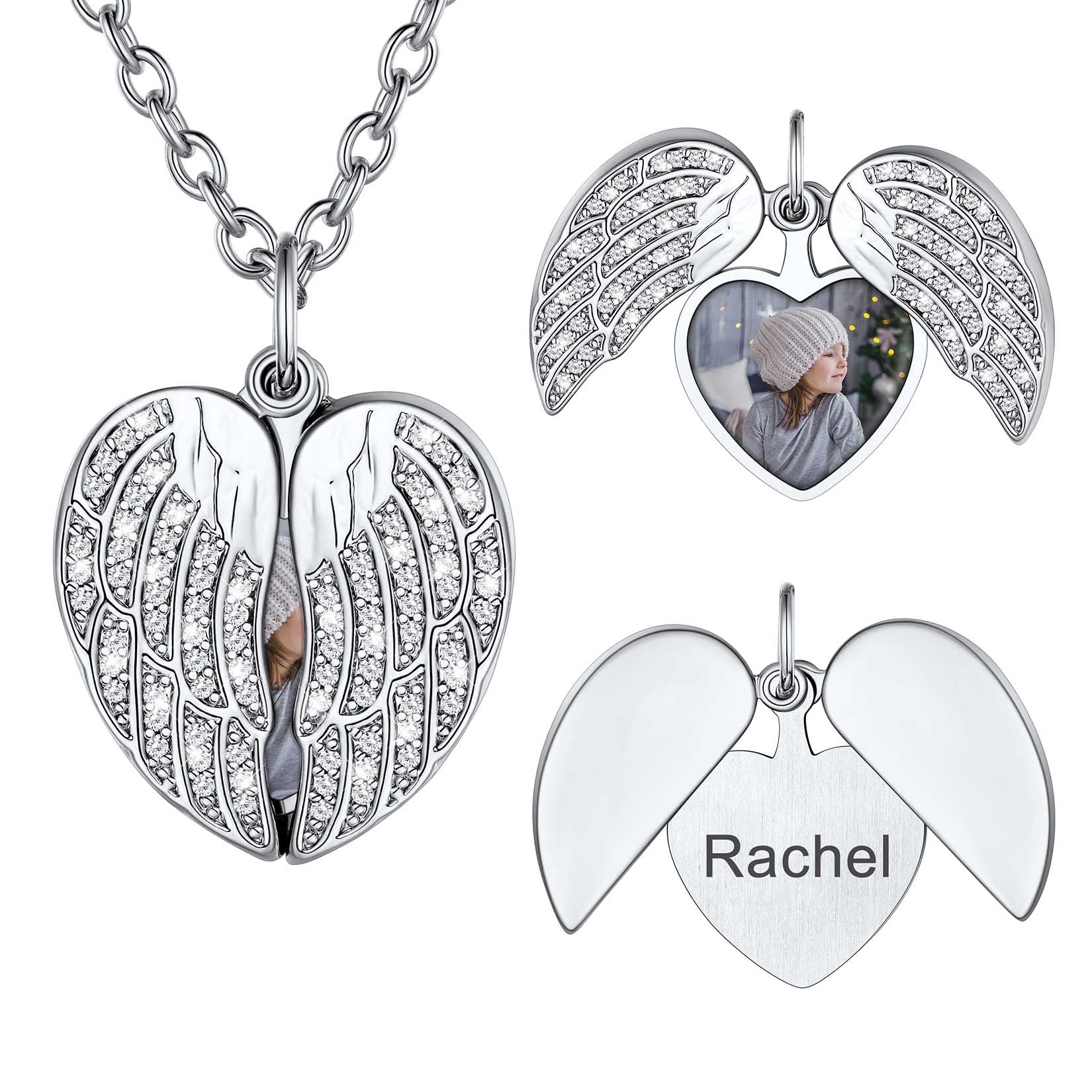 Silver angel wing necklace with heart pendant, engraved 'Rachel', and photo insert on a white background.