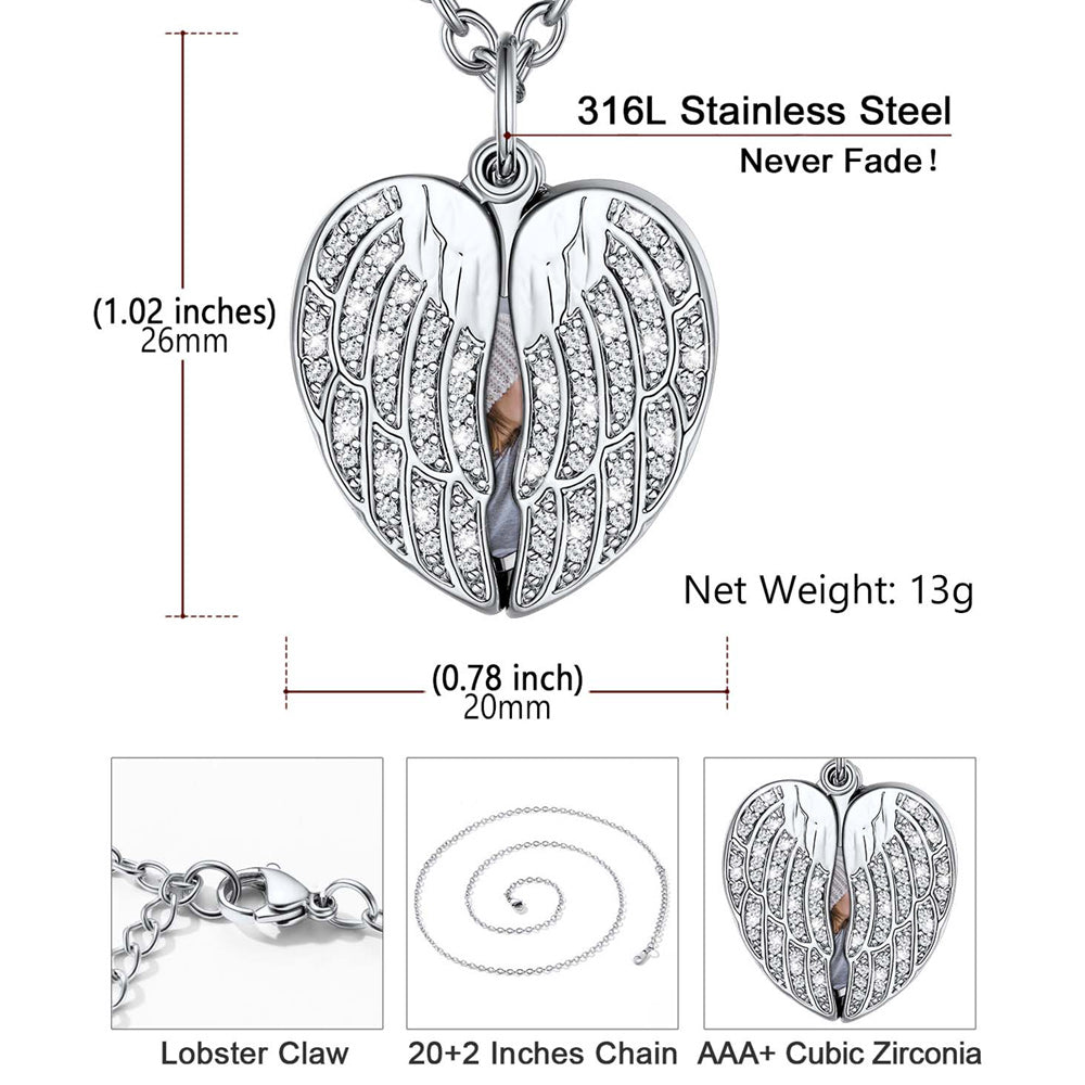 Silver angel wing pendant necklace with measurements and material details on a white background