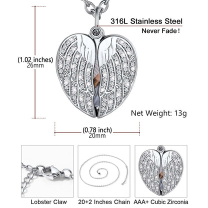 Silver angel wing pendant necklace with measurements and material details on a white background