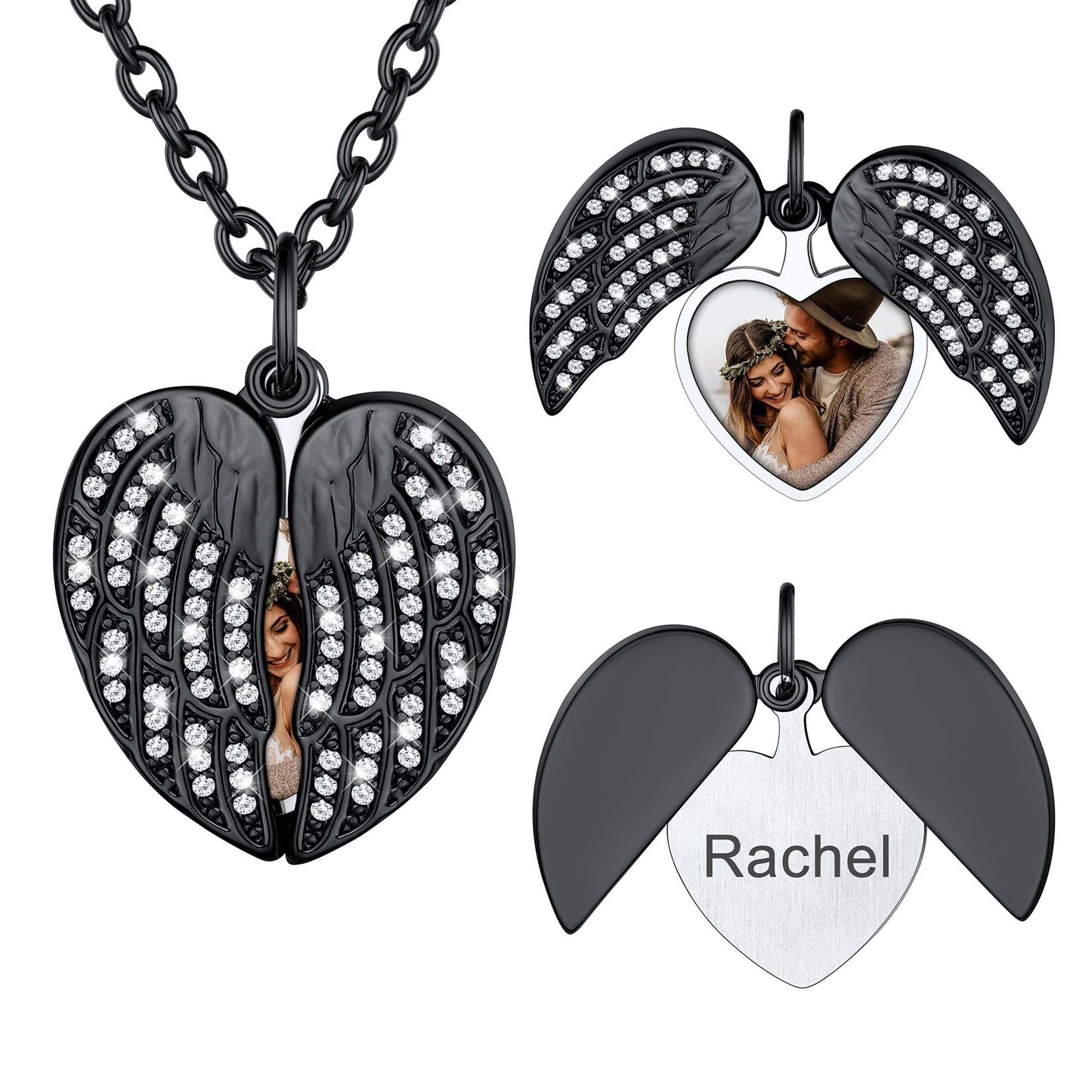 Heart-shaped pendant with angel wings and a photo of a couple, accompanied by a smaller pendant with 'Rachel' engraved.