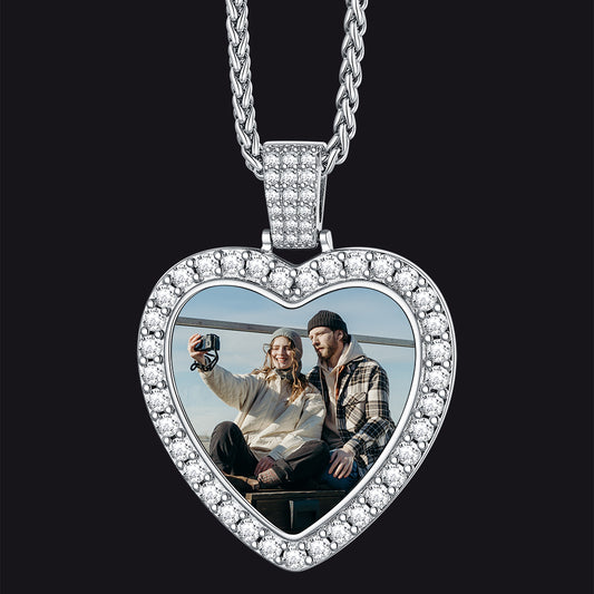 FaithHeart Sterling Silver Personalized Heart Picture Necklace With Zircon for Men FaithHeart
