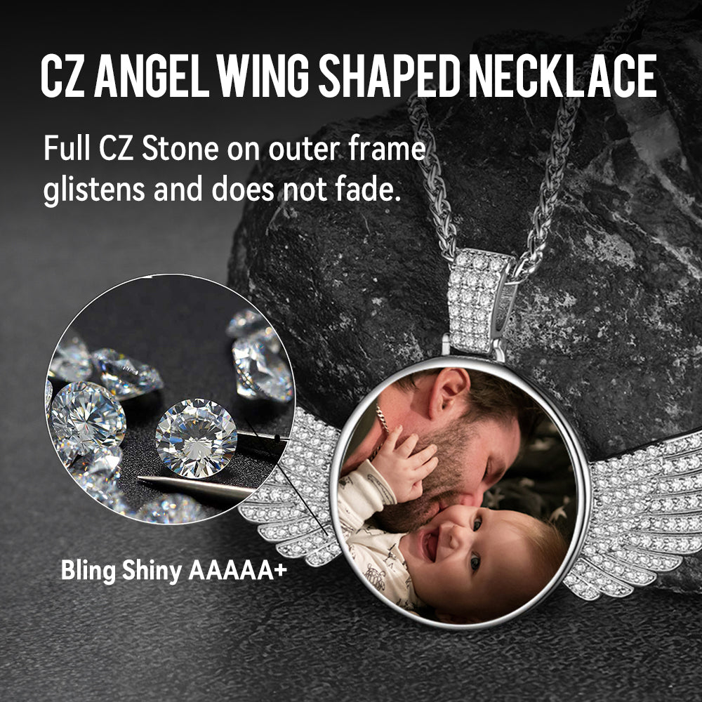 Sterling Silver Customized Picture Necklace with Angel Wing Memorial Gift for Men Women