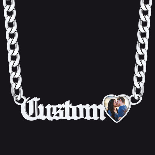 Silver chain necklace with a heart-shaped photo insert and 'Custom' text on a black backgroundimg