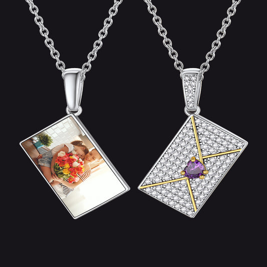 Persoanlised Picture CZ Envelop Necklace with Birthstone Gifts for Womenimg