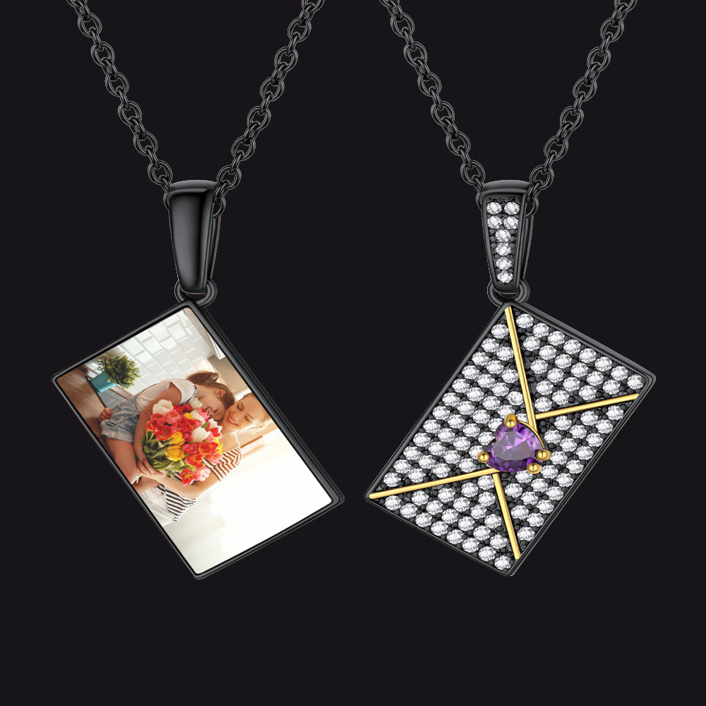 Persoanlised Picture CZ Envelop Necklace with Birthstone Gifts for Women