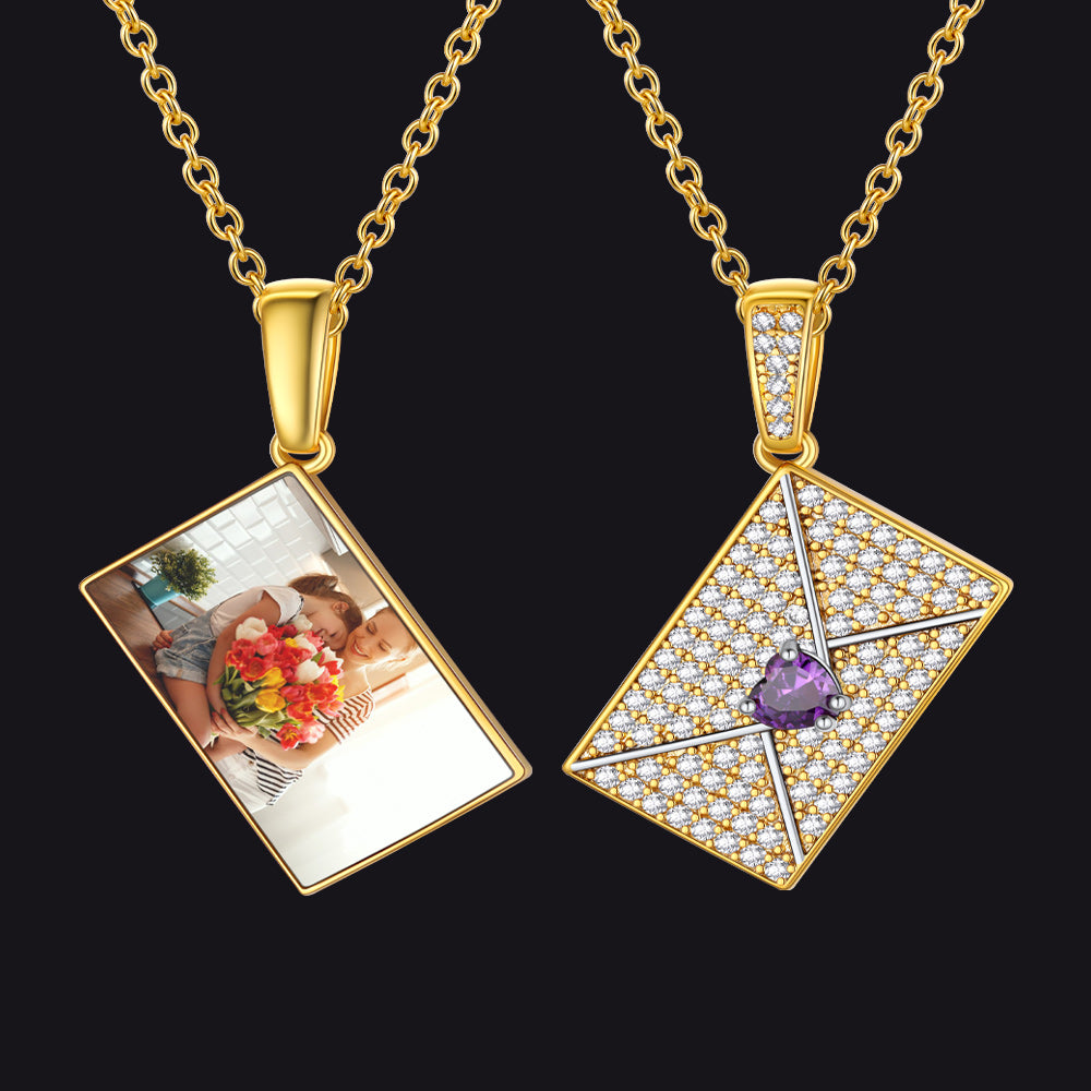 Persoanlised Picture CZ Envelop Necklace with Birthstone Gifts for Women