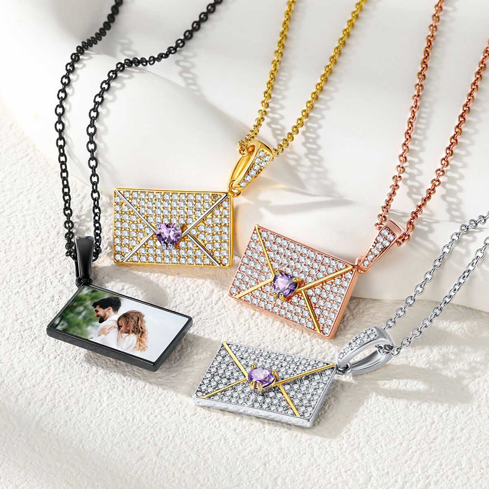 Persoanlised Picture CZ Envelop Necklace with Birthstone Gifts for Women