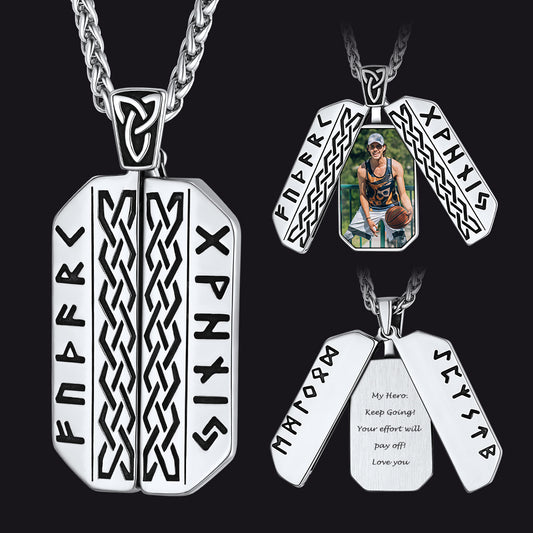 Personalized Picture Locket Dog Tag Necklace with Viking Rune for Men