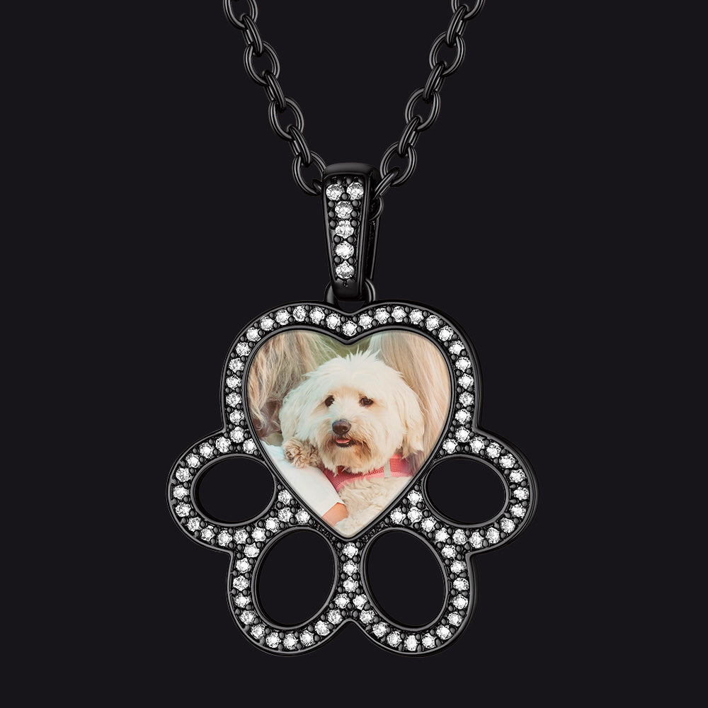 Black Personalized Picture Dog Paw Necklace with CZ