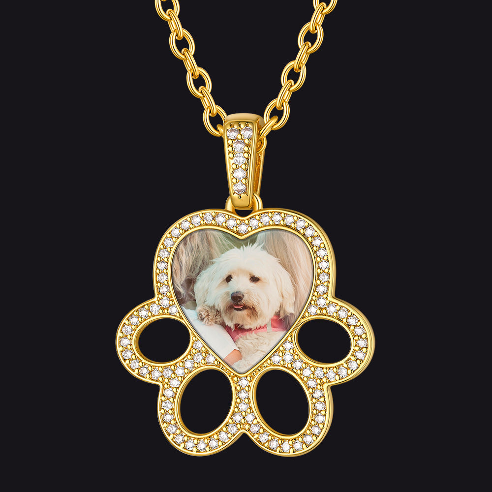 Gold Personalized Picture Dog Paw Necklace with CZ, Copper Photo Locket for Women Pet Lover