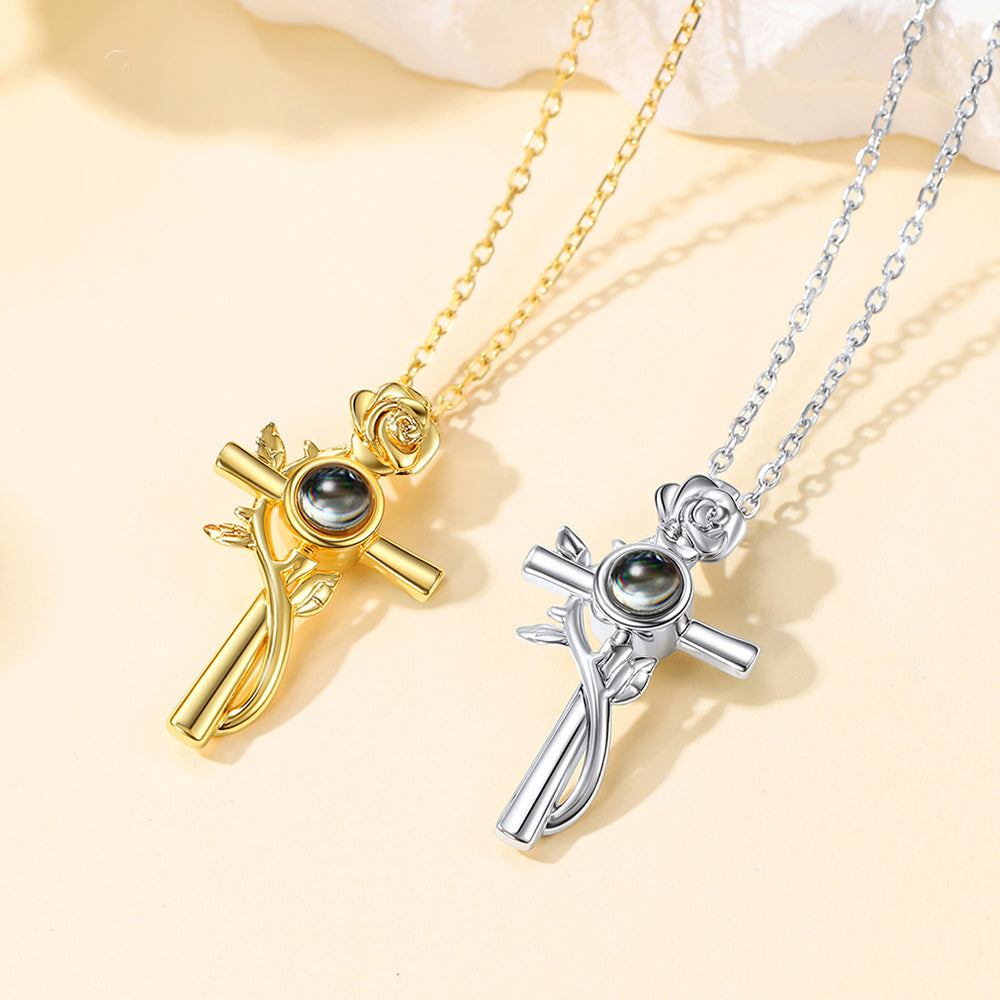  Personalized Projection Picture Cross Necklace with Rose for Women Mom in Different Colors