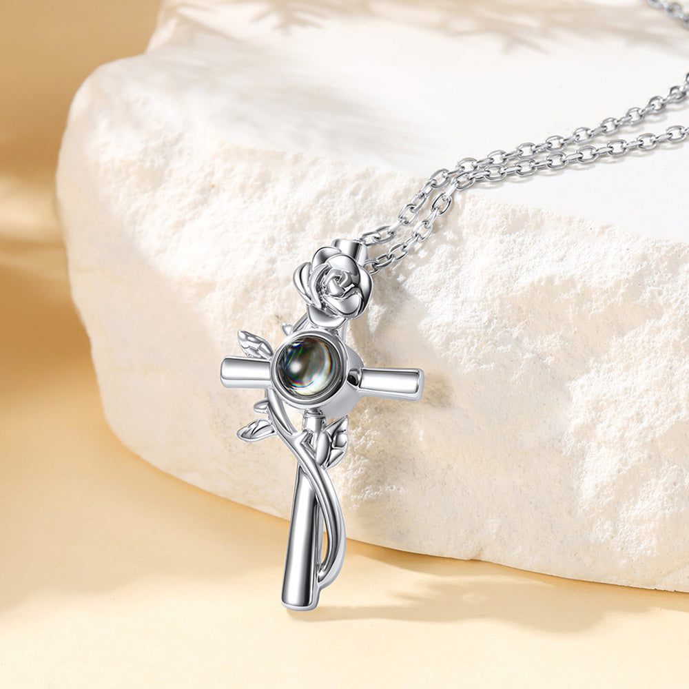  Personalized Projection Picture Cross Necklace with Rose for Women Mom