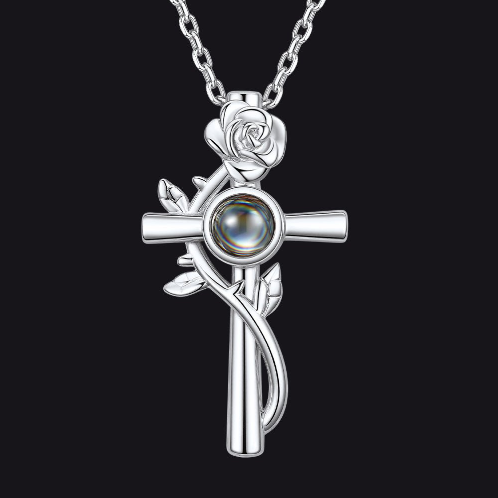 Silver Personalized Projection Picture Cross Necklace with Rose for Women Mom