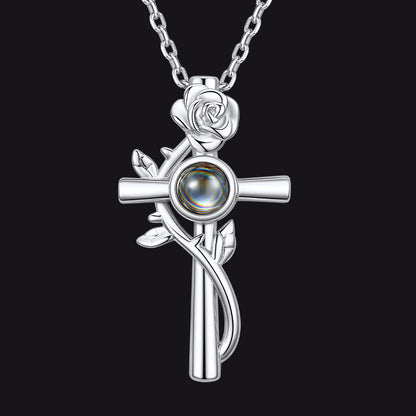 Silver Personalized Projection Picture Cross Necklace with Rose for Women Mom