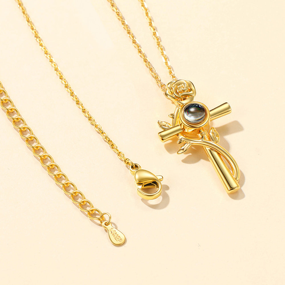  Personalized Projection Picture Cross Necklace with Rose for Women Mom