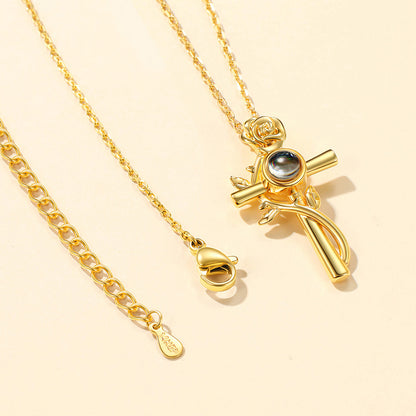  Personalized Projection Picture Cross Necklace with Rose for Women Mom