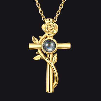 Gold Personalized Projection Picture Cross Necklace with Rose for Women Mom
