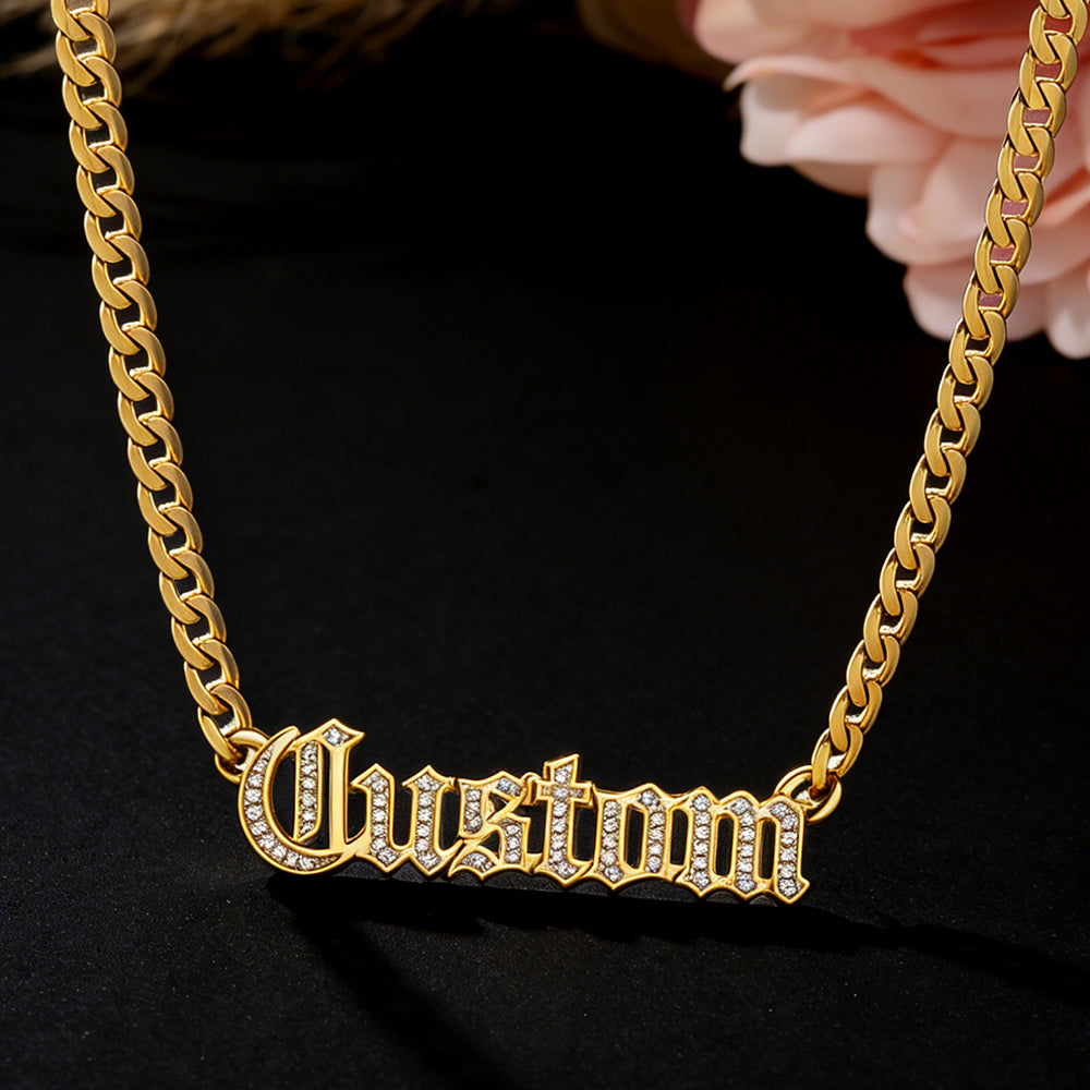 Engraved Nameplate Cuban Chain Necklace with Cubic Zirconia