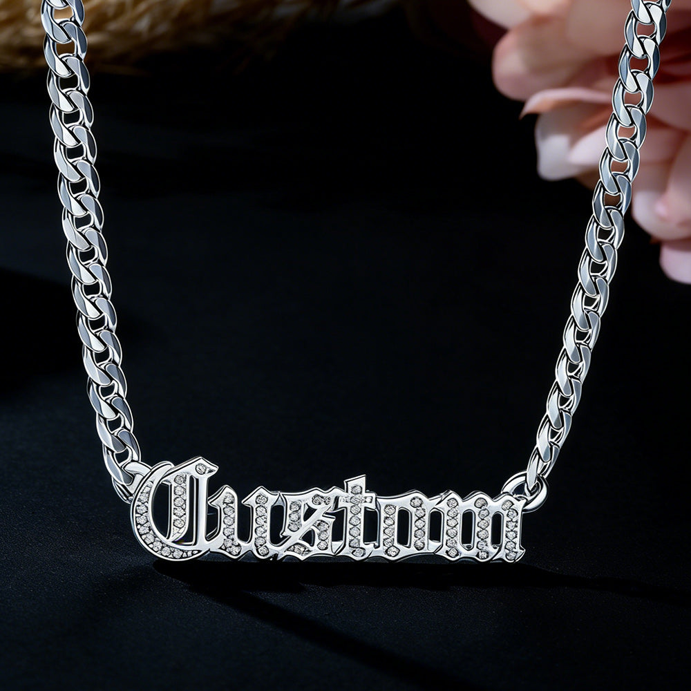 Engraved Nameplate Cuban Chain Necklace with Cubic Zirconia