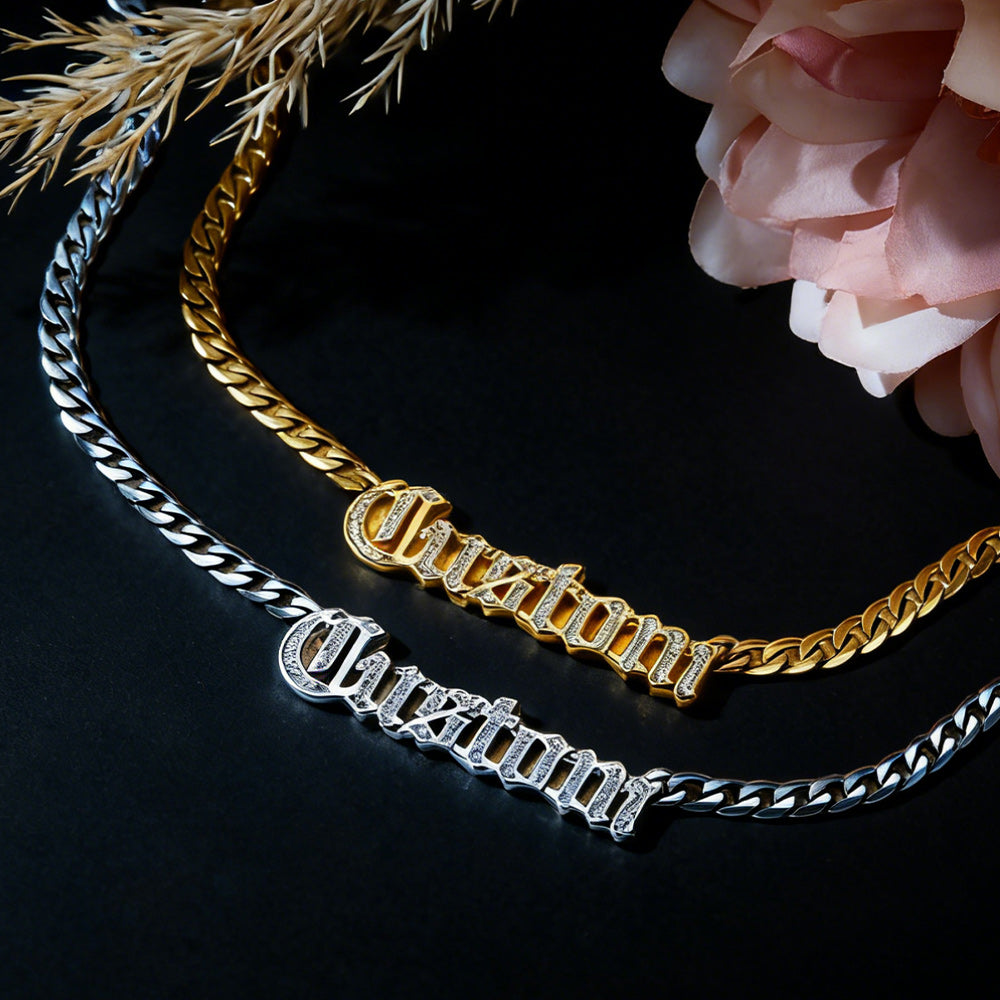 Two gold and silver Engraved Nameplate Cuban Chain Necklace with Cubic Zirconia