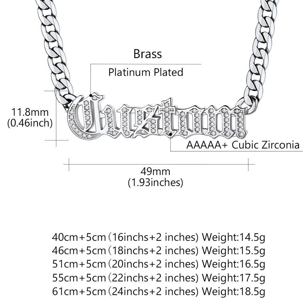Engraved Nameplate Cuban Chain Necklace with Cubic Zirconia and technical specifications on a white background