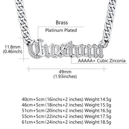 Engraved Nameplate Cuban Chain Necklace with Cubic Zirconia and technical specifications on a white background