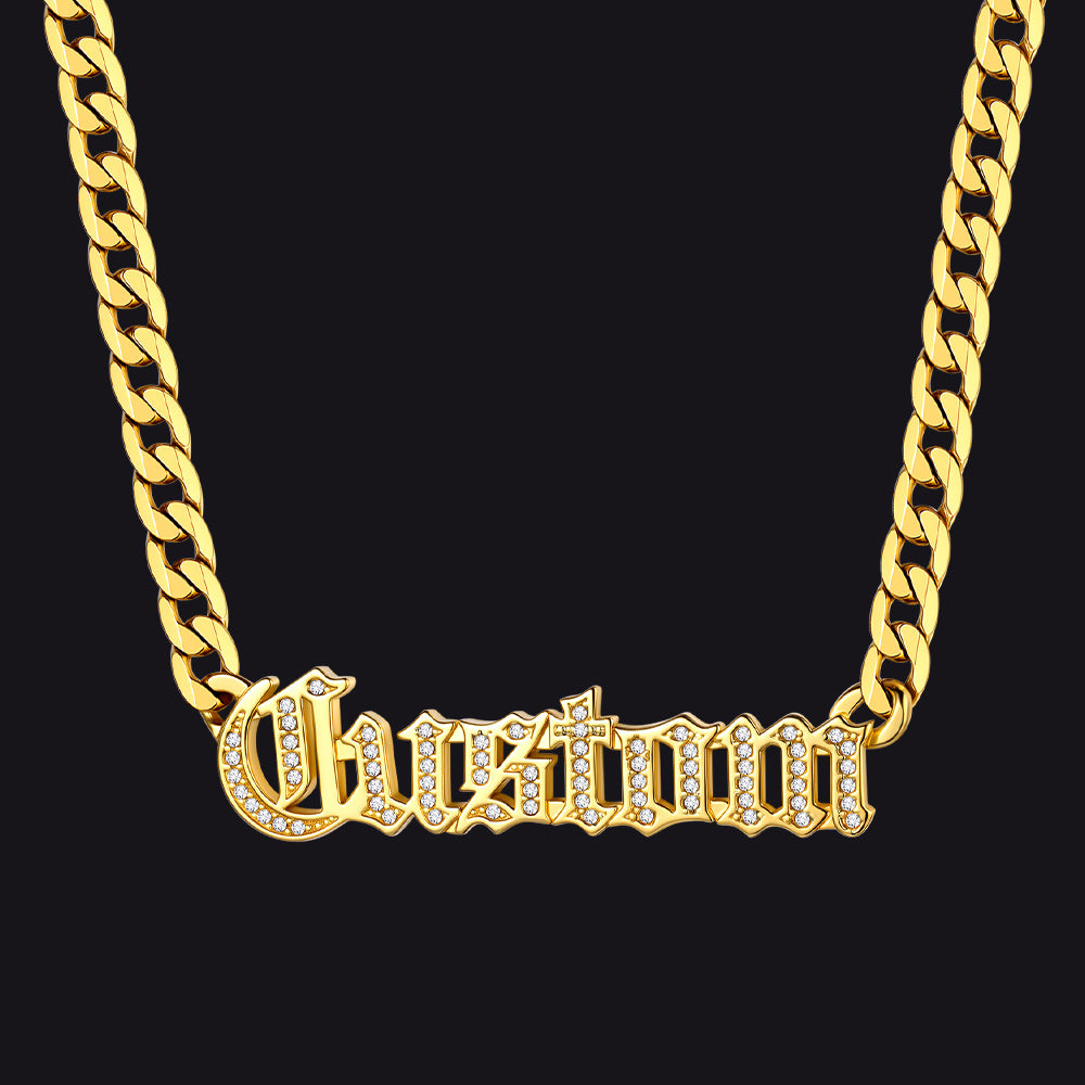 Gold Engraved Nameplate Cuban Chain Necklace with Cubic Zirconia