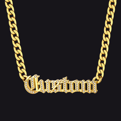 Gold Engraved Nameplate Cuban Chain Necklace with Cubic Zirconia