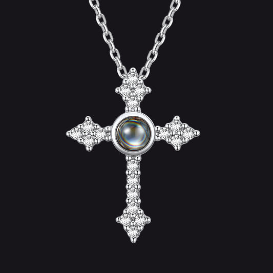 Silver Personalized Projection Picture Punk Cross Necklace with CZ for Womenimg
