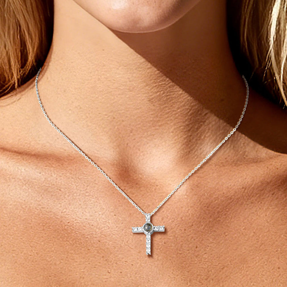  Personalized Projection Picture Cross Necklace with CZ for Women, Ladies, Couples