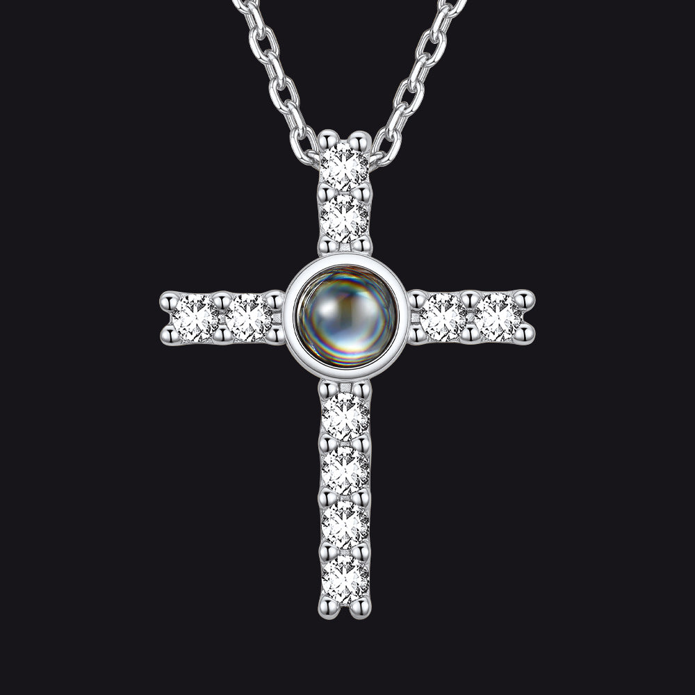 Silver Personalized Projection Picture Cross Necklace with CZ for Women