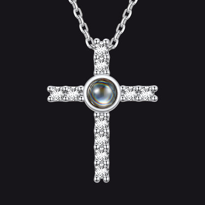 Silver Personalized Projection Picture Cross Necklace with CZ for Women