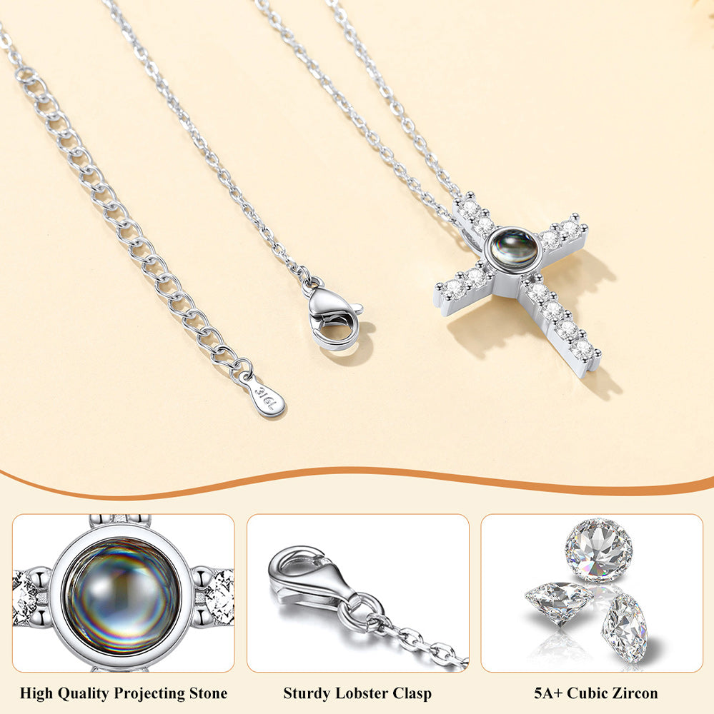  Personalized Projection Picture Cross Necklace with CZ for Women Details: High Quality Projecting Stone, Sturdy Lobster Clasp, 5A+CubicZircon