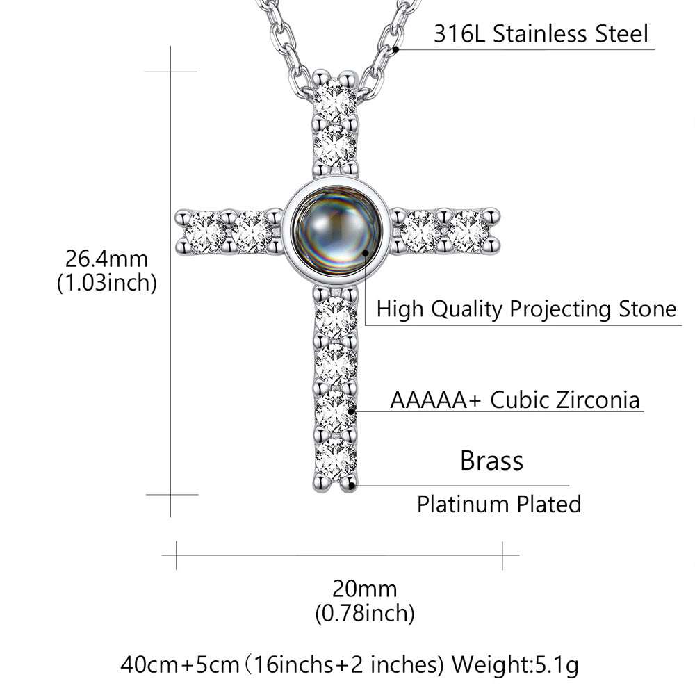  Personalized Projection Picture Cross Necklace with CZ for Women Details: Dimensions, Hypoallergenic, Lobster-Claw-Clasps