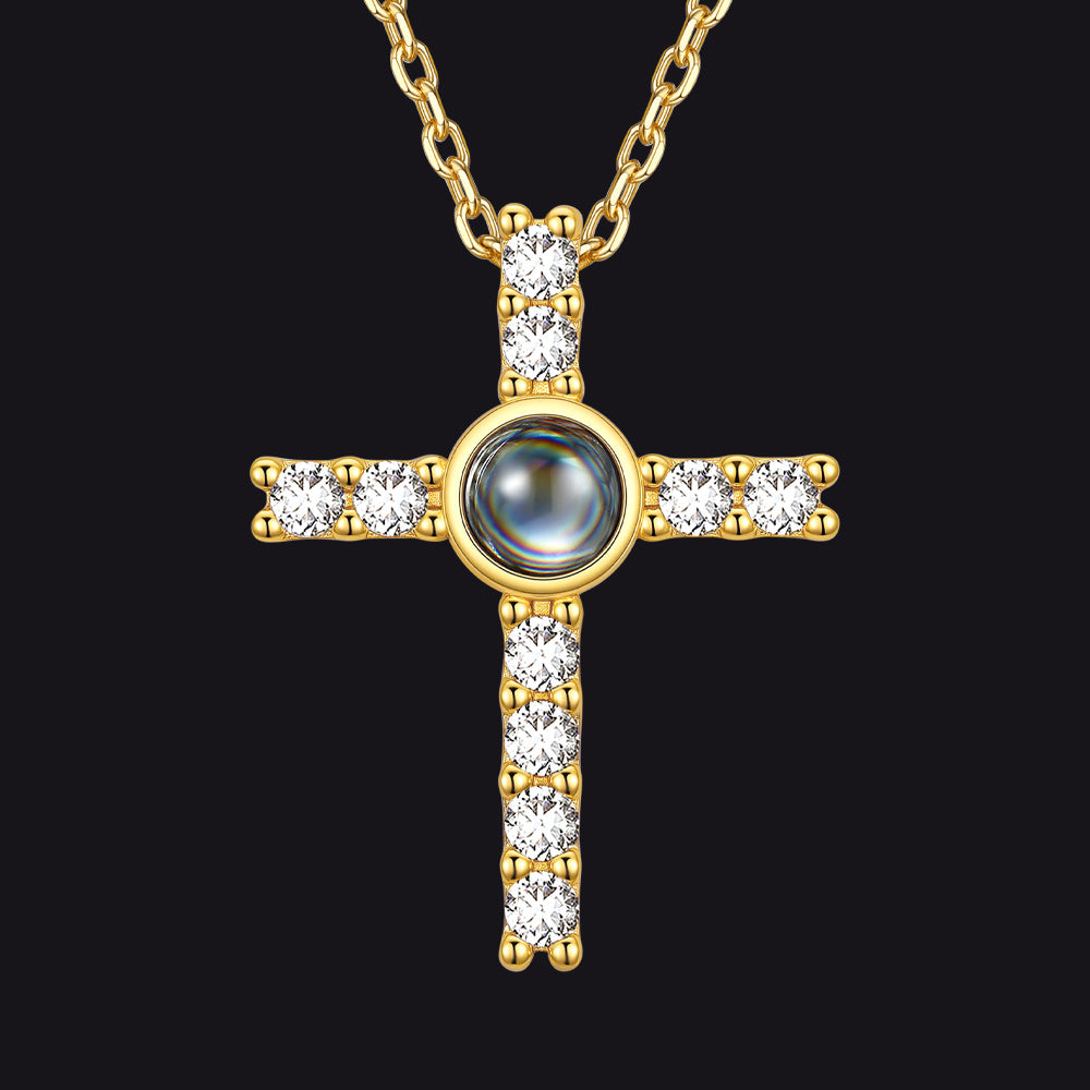 Gold Personalized Projection Picture Cross Necklace with CZ for Women