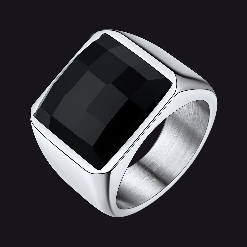 Mens Custom Gemstone Signet Ring - Black stone