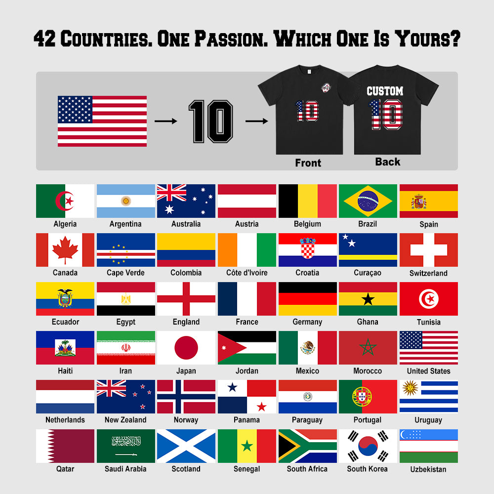 World Cup 2026 Custom National Flag Jersey Number Soccer T-Shirt for Men Sports Fan in Different nember and flag